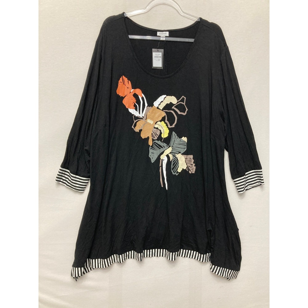 New Avenue Tunic Size 26/28 Black Floral Striped Trim Stretch Knit Comfy Casual